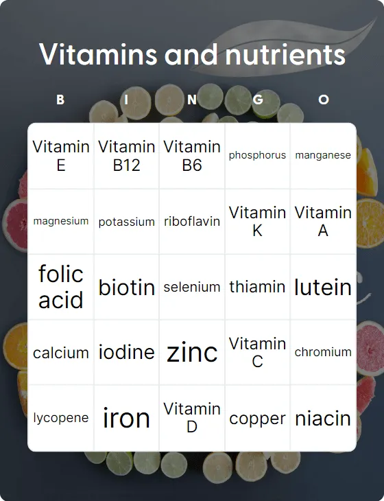 Vitamins and nutrients bingo card template