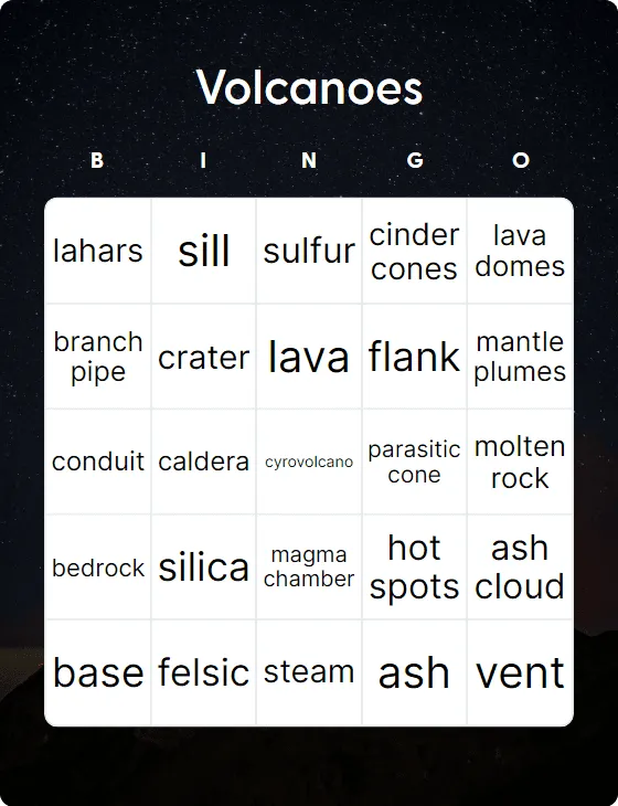 Volcanoes bingo card template