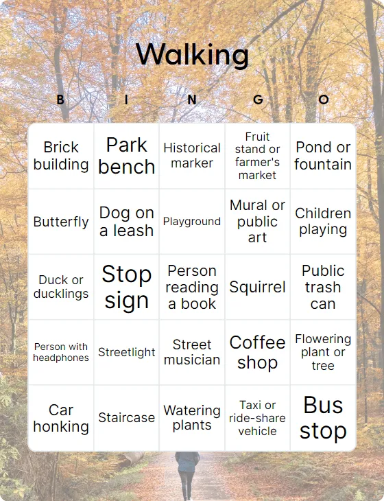 Walking bingo card