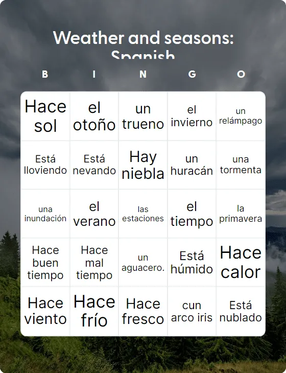 Weather and seasons: Spanish bingo card template