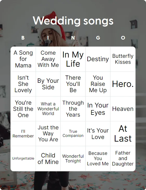 Wedding songs bingo card template