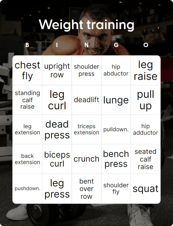 Weight training bingo card