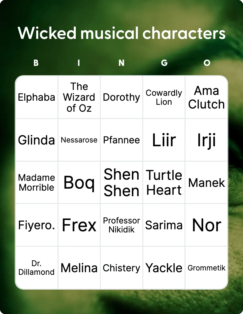 Wicked musical characters bingo card