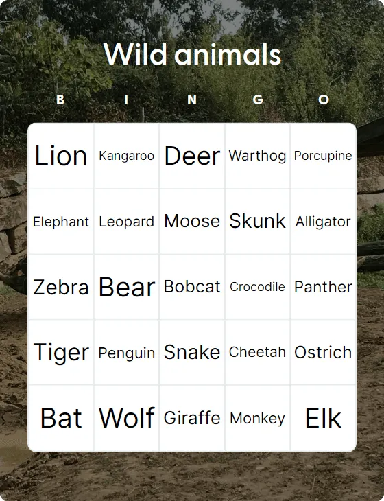 Wild animals bingo card