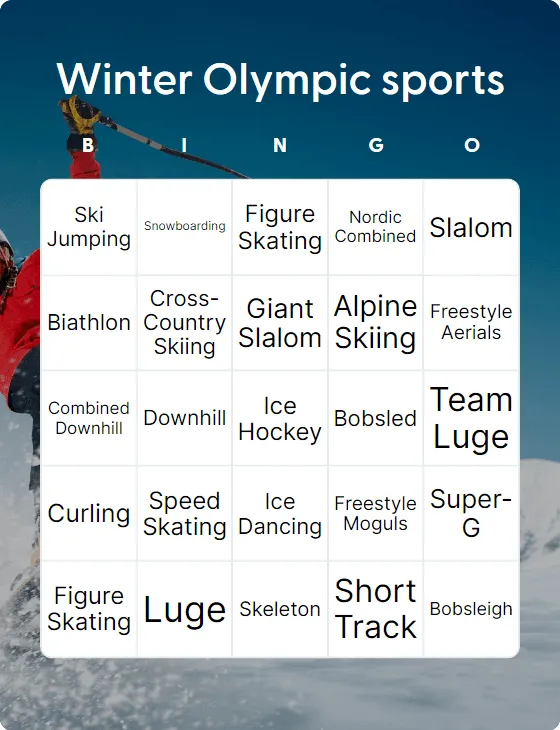 Winter Olympic sports bingo card