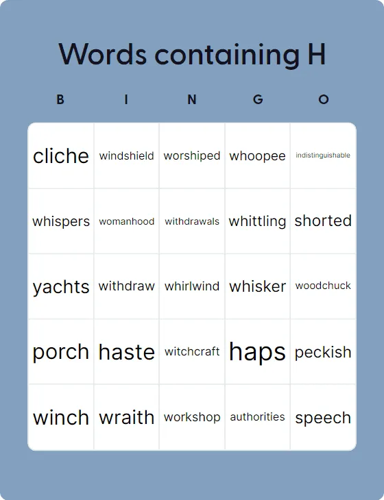 Words containing H  bingo card template