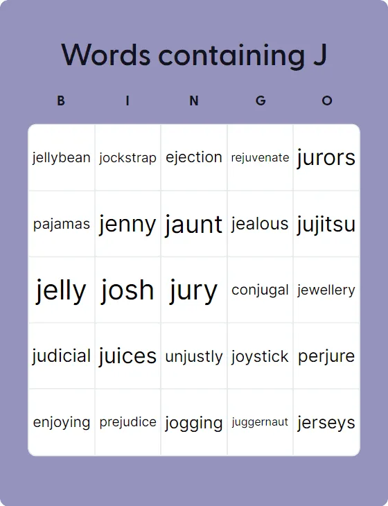 Words containing J bingo card