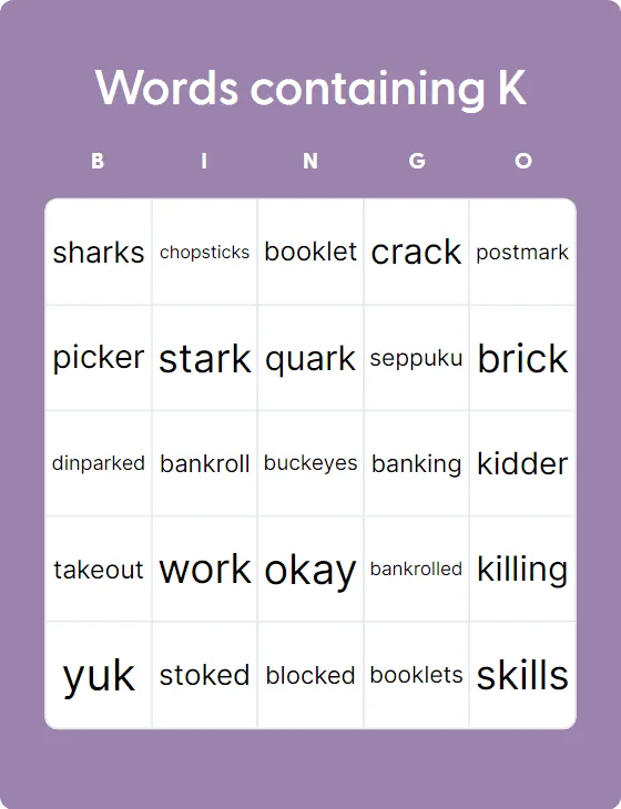 Words containing K bingo card