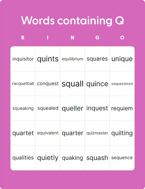 Words containing Q  bingo card template