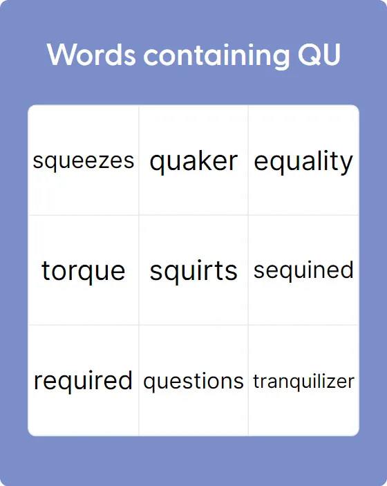 Words containing QU bingo card