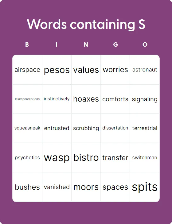 Words containing S bingo card