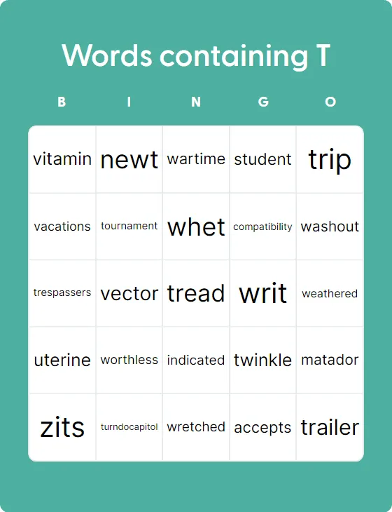 Words containing T bingo card