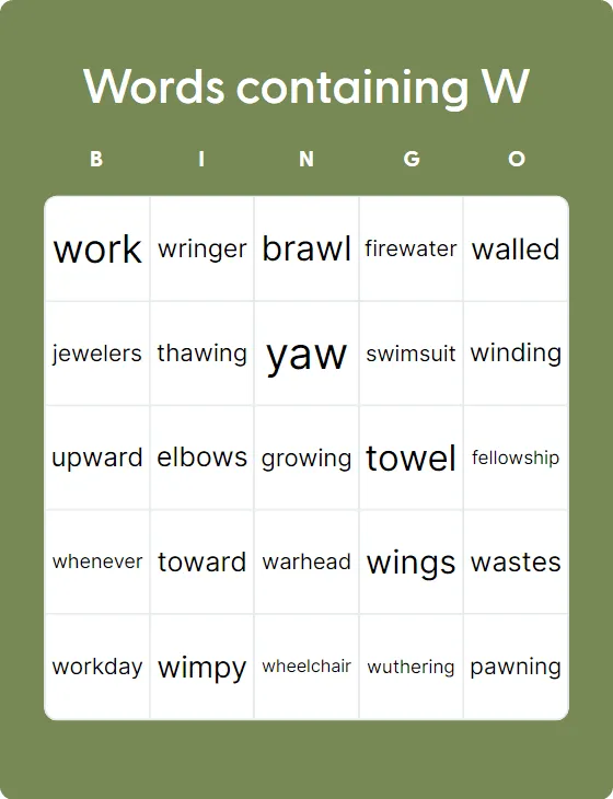 Words containing W bingo card