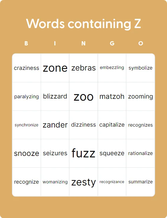 Words containing Z bingo card