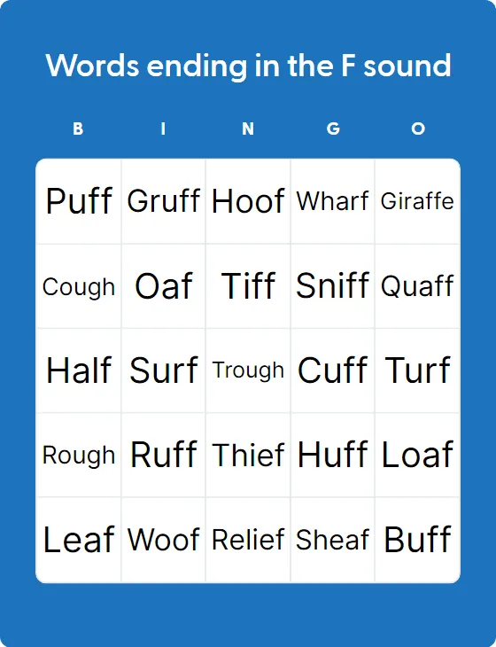 Words ending in the F sound bingo card template