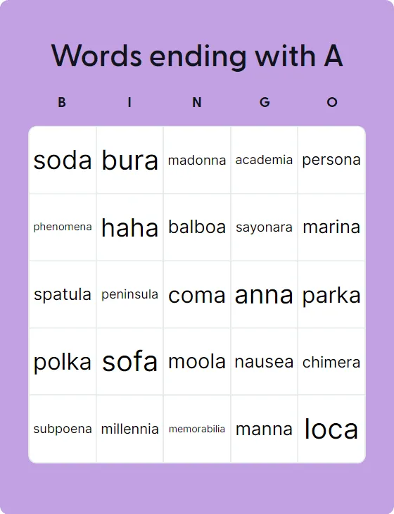 Words ending with A  bingo card template