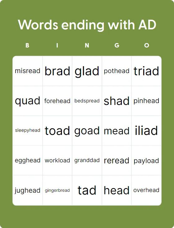 Words ending with AD bingo card