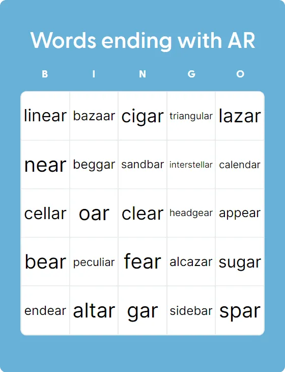 Words ending with AR  bingo card template
