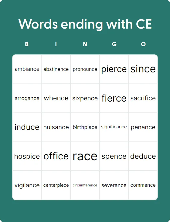 Words ending with CE bingo card