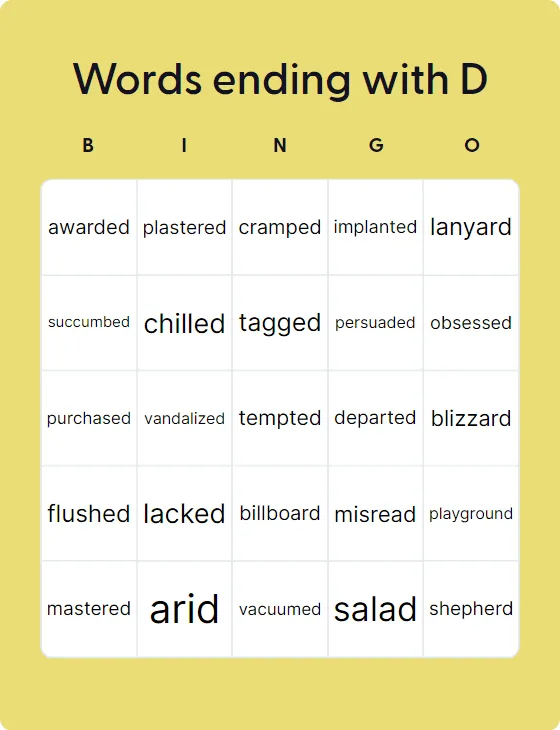 Words ending with D bingo card