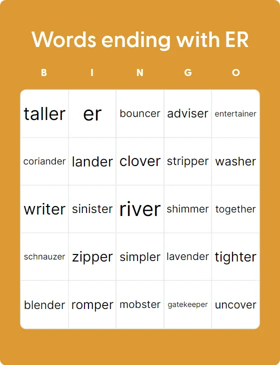 Words ending with ER  bingo card template