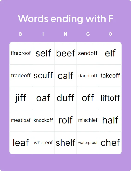 Words ending with F  bingo card template