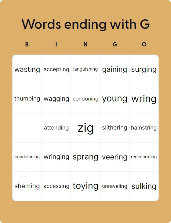 Words ending with G bingo card