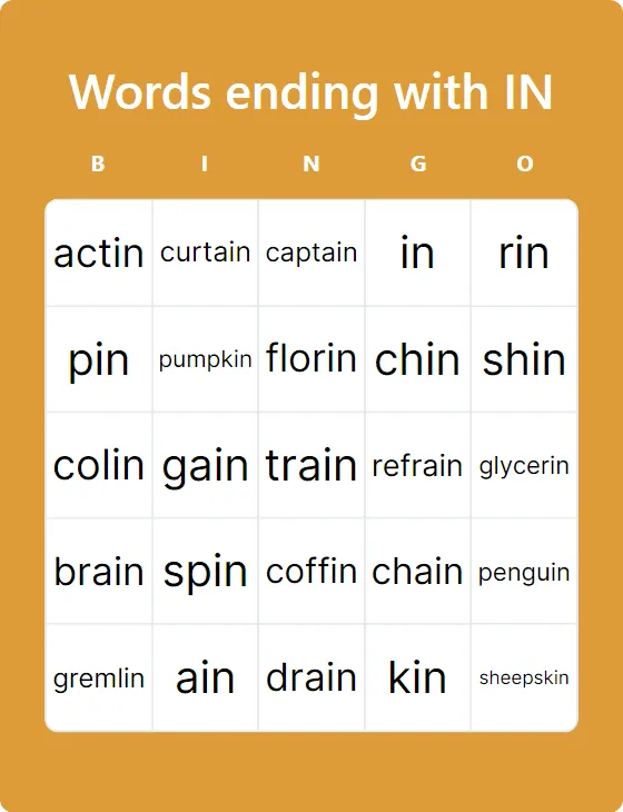 Words ending with IN  bingo card template