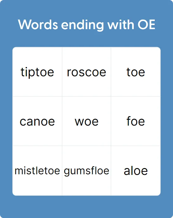Words ending with OE bingo card
