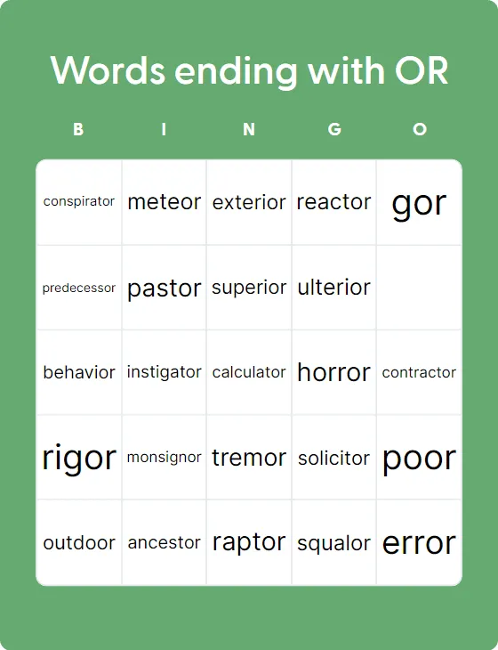 Words ending with OR bingo card