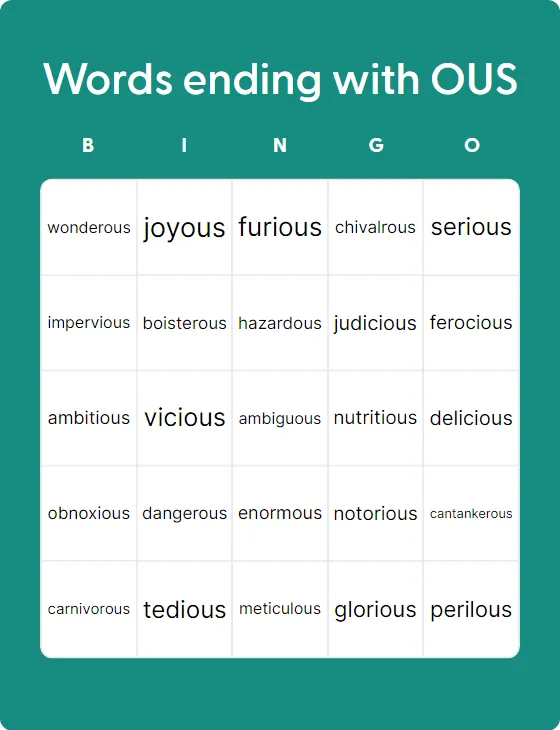 Words ending with OUS bingo card