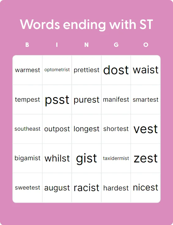Words ending with ST bingo card
