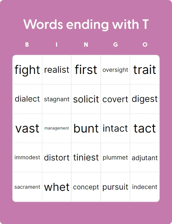 Words ending with T bingo card