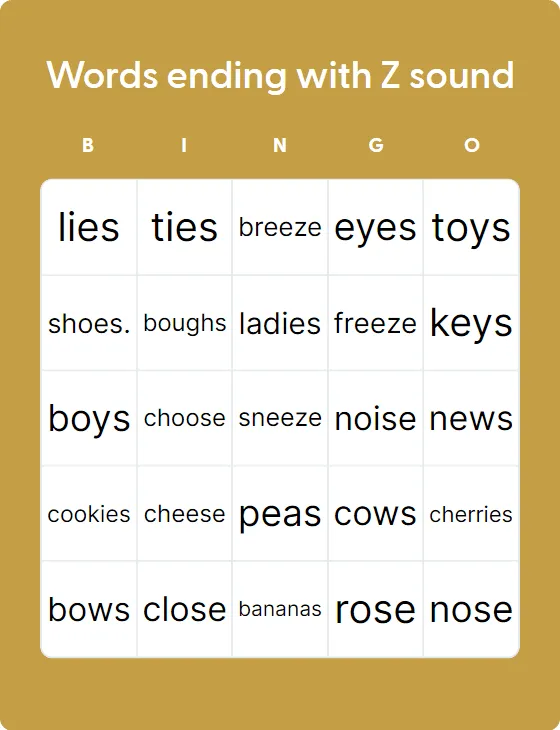 Words ending with Z sound bingo card template