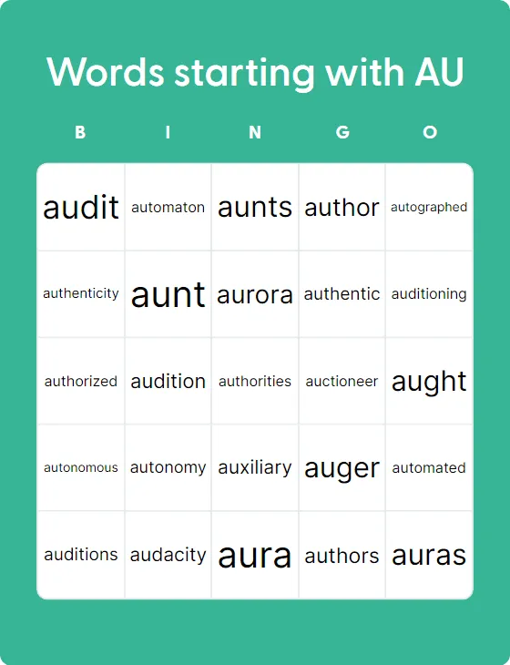Words starting with AU bingo card template