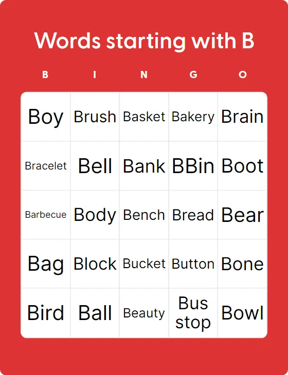 Words starting with B bingo card template