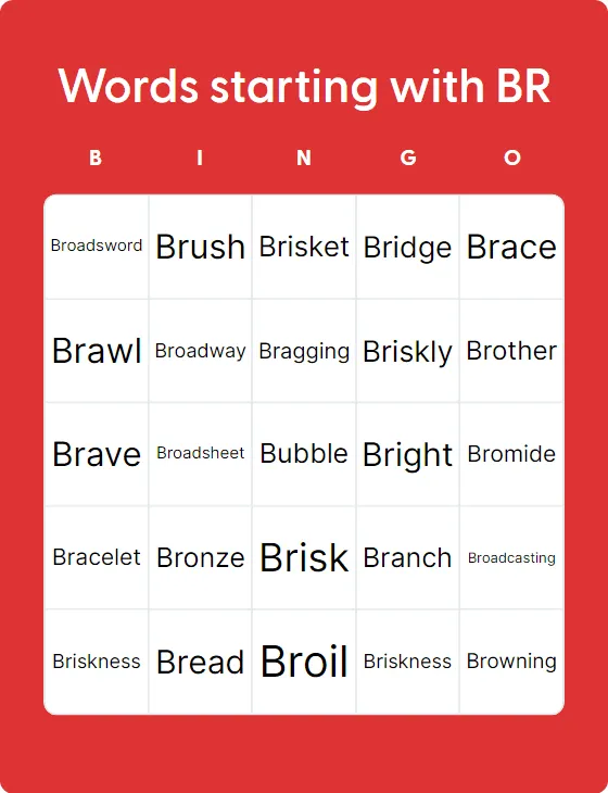 Words starting with BR bingo card template