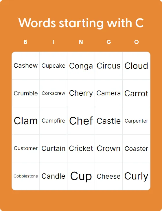 Words starting with C  bingo card template