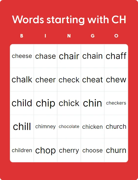Words starting with CH bingo card template