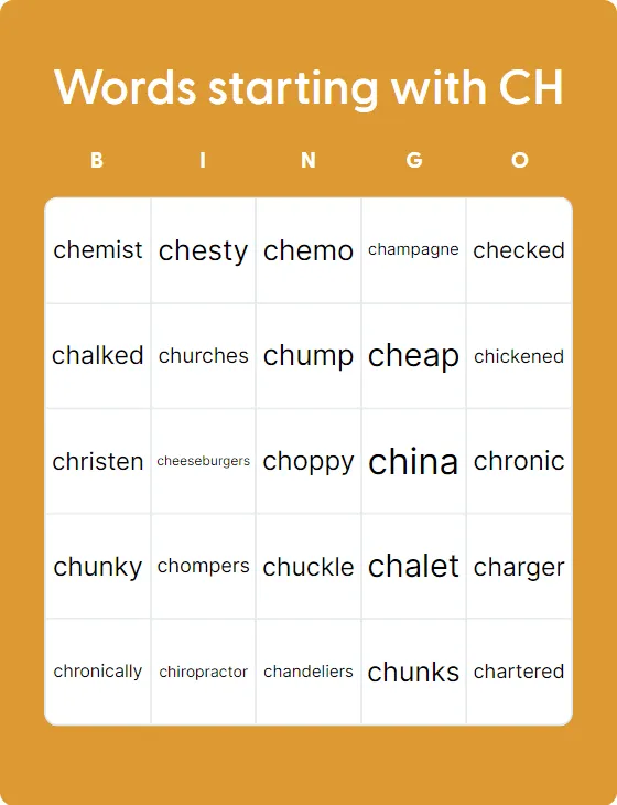 Words starting with CH bingo card