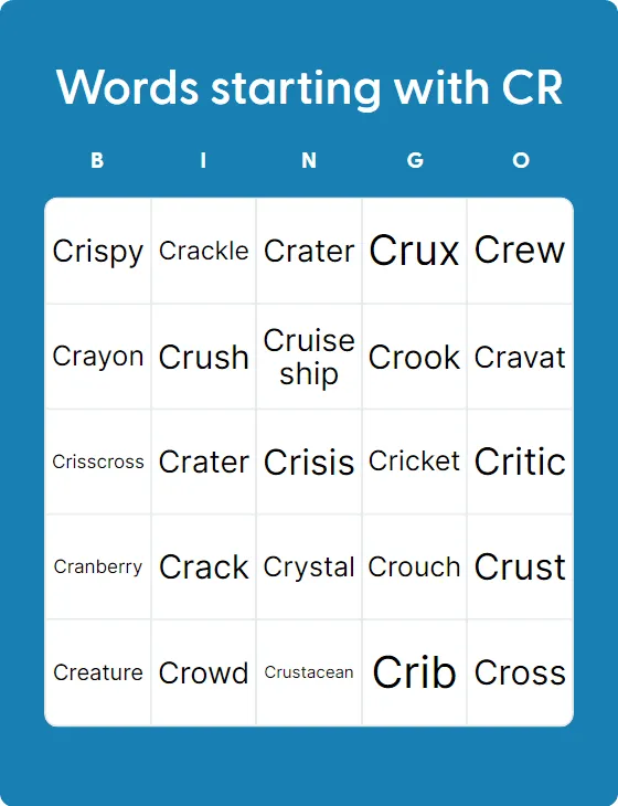 Words starting with CR bingo card template