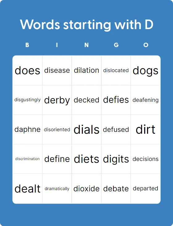 Words starting with D bingo card