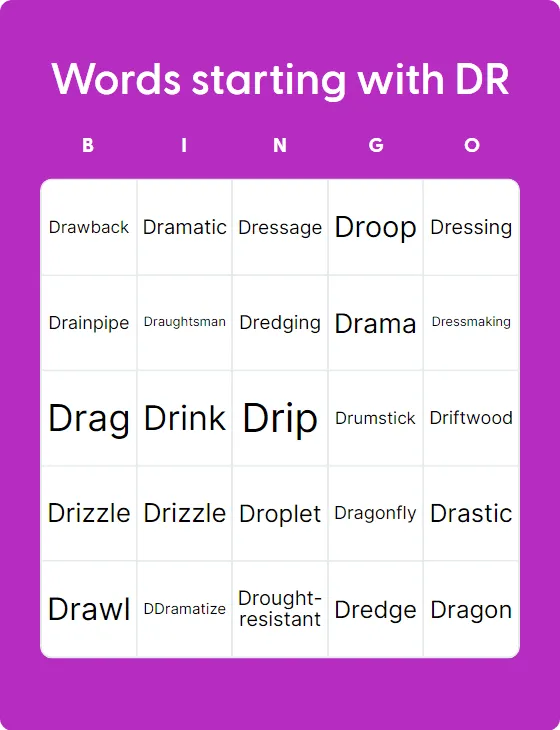 Words starting with DR bingo card template