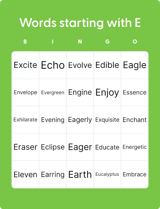 Words starting with E bingo card template
