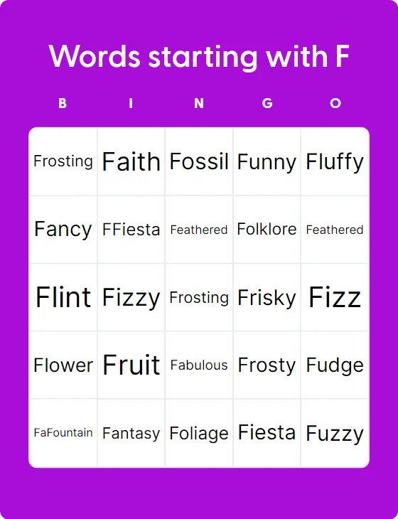 Words starting with F bingo card