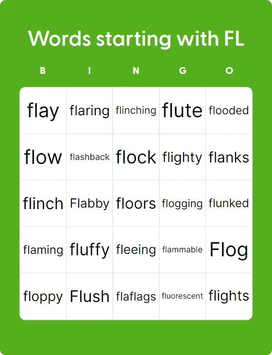 Words starting with FL bingo card template