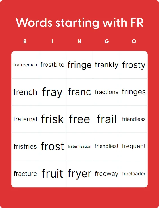 Words starting with FR bingo card template