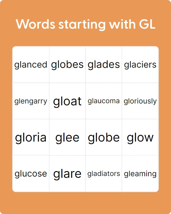 Words starting with GL bingo card template