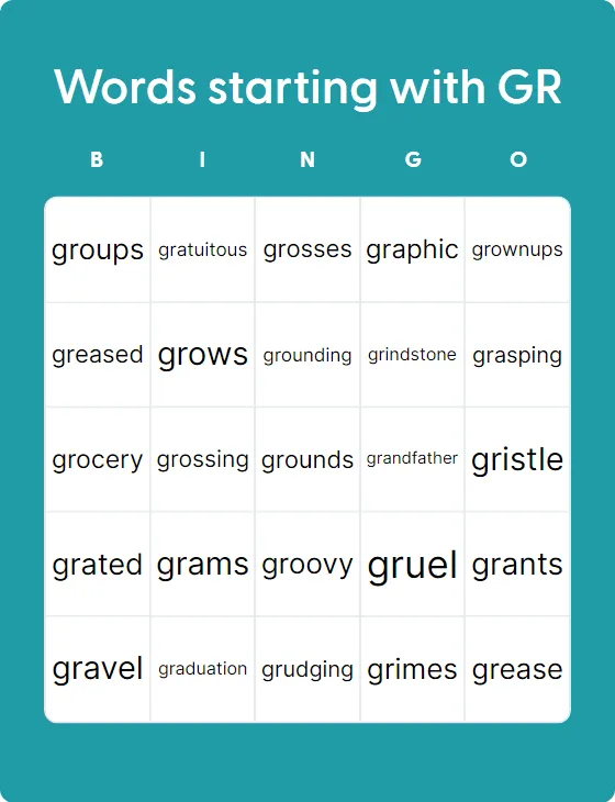 Words starting with GR bingo card template