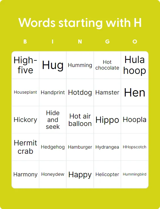 Words starting with H bingo card